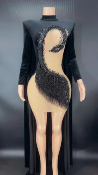 Tassel Ptica vidi Skozi Plašč Seksi črne obleke Gogo uspešnosti noč komercialne kažejo modni brvi Lady Gaga black votlih kostum