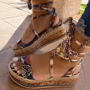 Ženske klin Sandale Poletje Kača čevlji Etnične Natisniti Moda Priložnostne čevlji Čipke Gor Čevlji ženska Plaži Plus Velikost čevlji, Sandali
