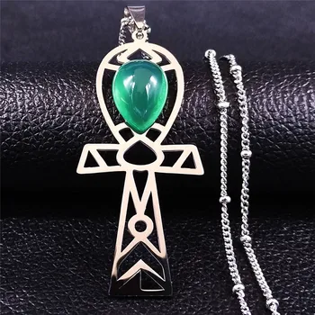 2022 Ankh Egipčanski Križ Zeleni Kamen Amulet Ogrlice za Ženske Egipt iz Nerjavečega Jekla Okrasek Ključ Življenja Nakit Darilo N1046S04
