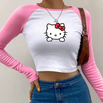 Hello Kitty zatesnjena majica s kratkimi rokavi ženske y2k nove seksi hit barve razkrivajo trebuh gumb krog vratu kratka majica s kratkimi rokavi ženske