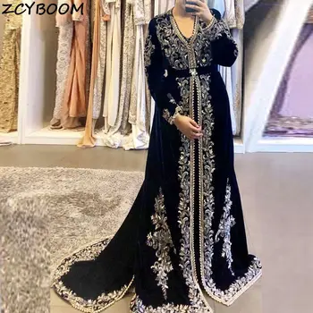 Črni Muslimani Večerno Obleko 2022 Ženske Formalno Svate Noč Vestido De Noche Vezenje Velur, Savdska Arabija Dolge Halje Maturantski Ples