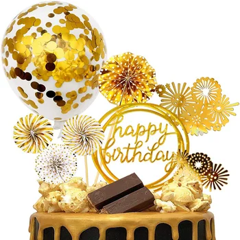 Zlato rojstni dan torta dekoracijo happy birthday cake pokrivalo papir fan banner konfeti balon ognjemet zlati torto pokrivalo zlata jih