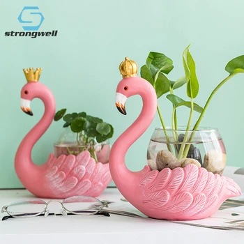 Strongwell Home Office Dekor Flamingo Hydroponics Ornament Dekor Pohištvo Smolo, Živalske Figurice S Stekleno Posodo Obrti