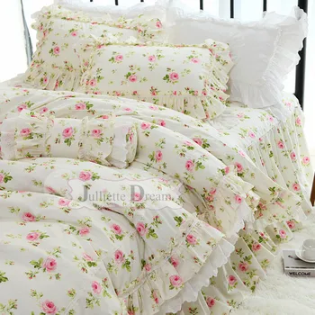 Elegantno cvet tiskanja posteljnina nabor Kmečko rjuhe kritje posteljnina Queen postelja nastavite po Meri posteljo stanja Ruffle čipke prevleke za posteljo oblačila