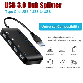 USB 3.0 Hub Razdelilnik USB Podaljšek 4 Vrata 5Gbps Visoke Hitrosti Ultra Slim v središču za Podatke s Posameznimi Stikalo za Vklop in lučka LED za Prenosnik