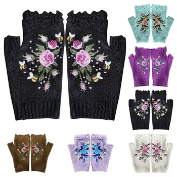 1pc Moda Ročno Vezene Fingerless Rokavice Ženske Palec Rokavice Cvet Pletene Rokavice Pribor za Oblačila Za Zimo