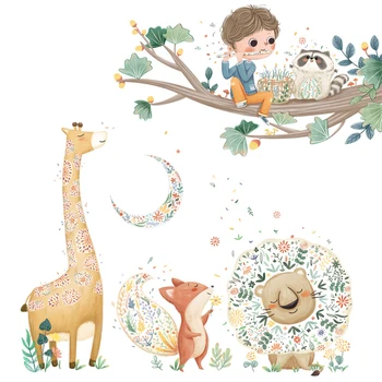 Srčkan risanka žirafa, lev fox dekoracijo nalepke otroški sobi vrtec stenske nalepke veliko drevo stenske nalepke