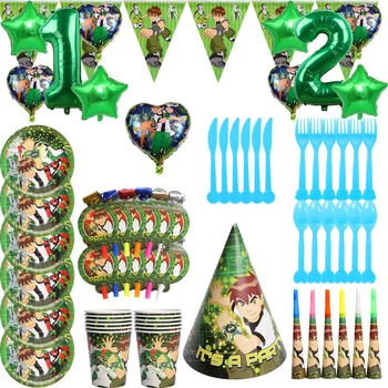 Ben 10 Tema Za Enkratno Uporabo Namizna Nastavite Paper Cup Plošče Slame Transparenti Balon Happy Birthday Party Okrasite Baby Tuš Dobave